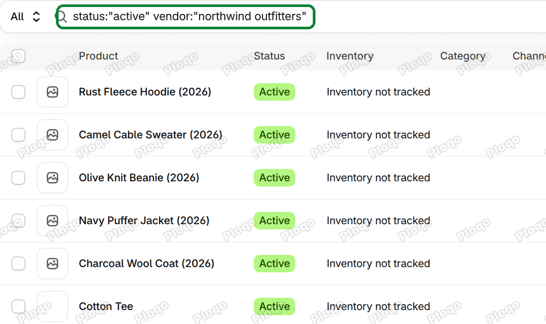 The Shopify Products list filtered by one vendor and Active status, ready for a bulk action