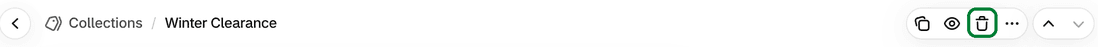 The trash can icon at the top of a Shopify collection page, which deletes the collection