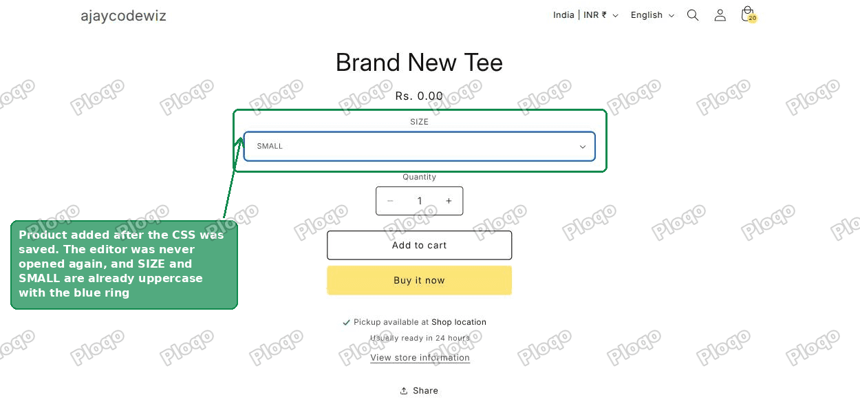 A newly created Shopify product page already showing the custom styling, with an uppercase size label and a blue ring on the dropdown