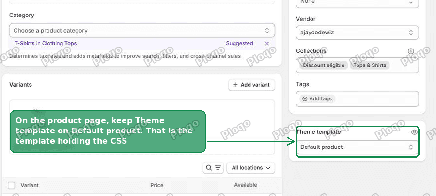 The Theme template card on a Shopify product page in the admin, set to Default product