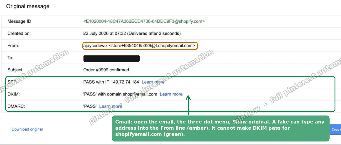 Gmail Show original showing SPF PASS, DKIM PASS with domain shopifyemail.com, and DMARC PASS