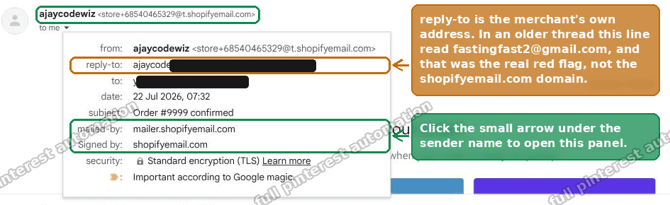 The Gmail details panel showing reply-to, mailed-by and Signed by for a Shopify order email
