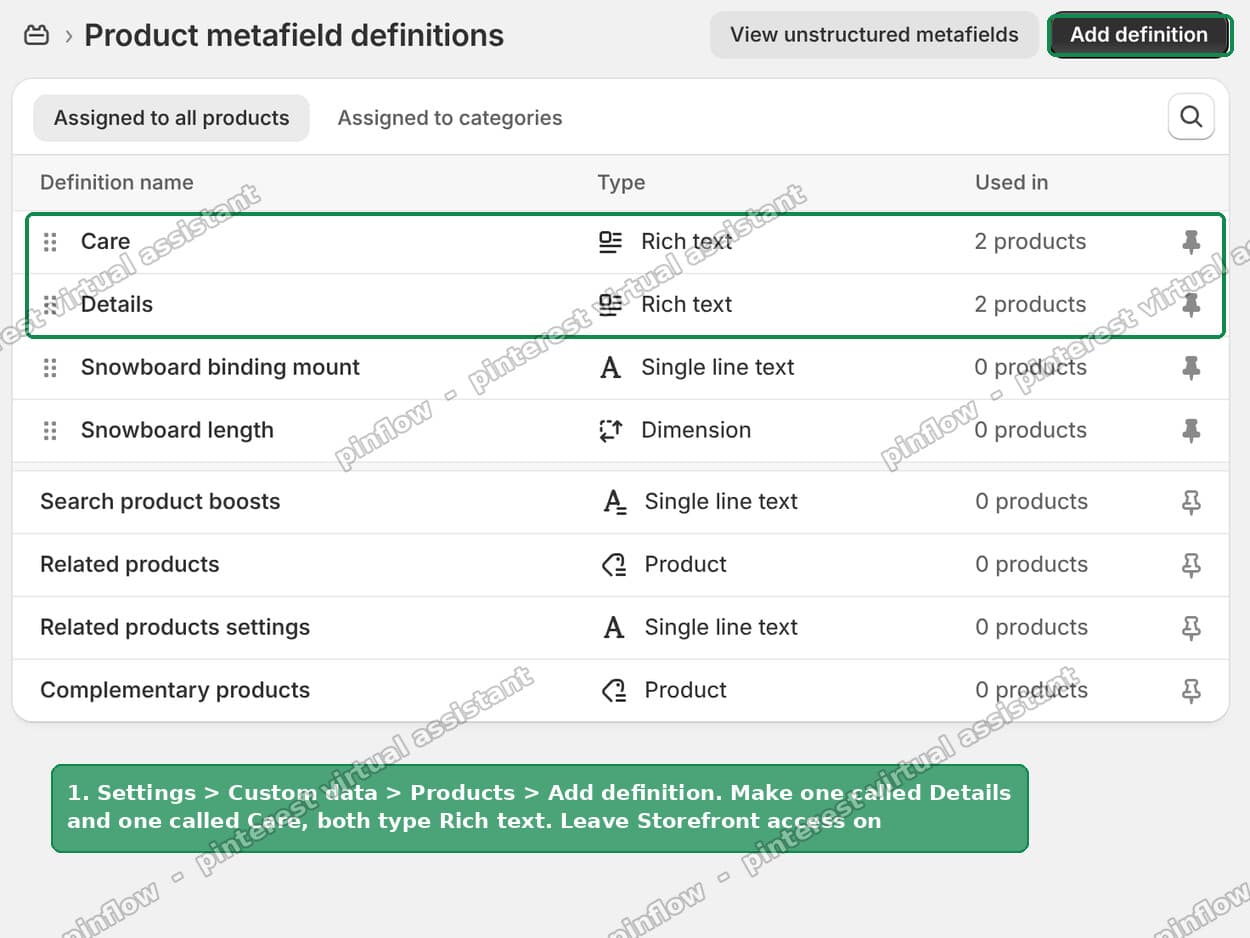 Creating Details and Care as Rich text product metafield definitions in Shopify admin