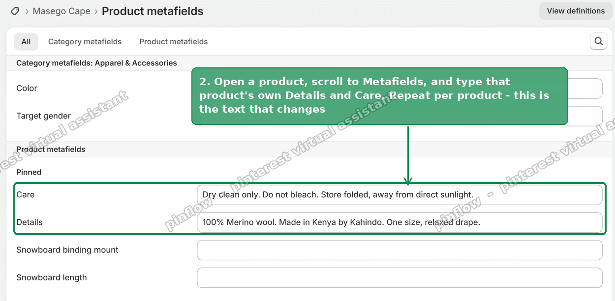 Filling in the Details and Care metafield values on a single Shopify product