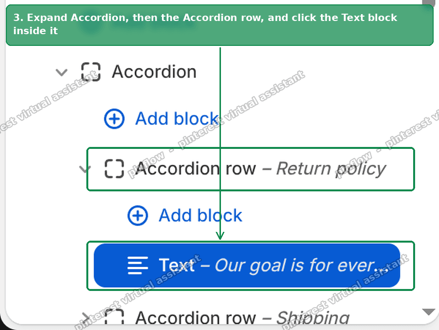 The Text block nested inside an accordion row in the Shopify theme editor sidebar