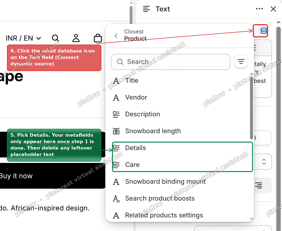 Connecting a dynamic source on a Text block and picking the Details metafield