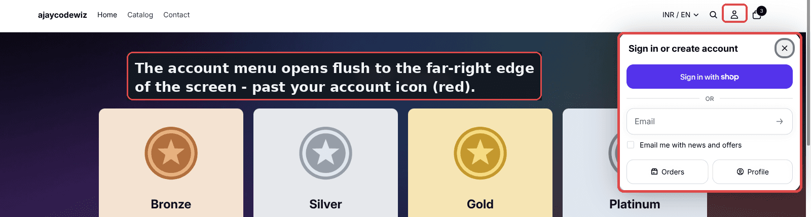 Shopify Horizon account menu opening at the far right edge of the header instead of under the account icon