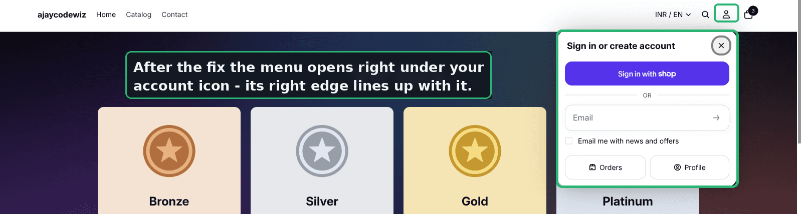 Shopify Horizon account menu fixed and opening as a dropdown right under the account icon