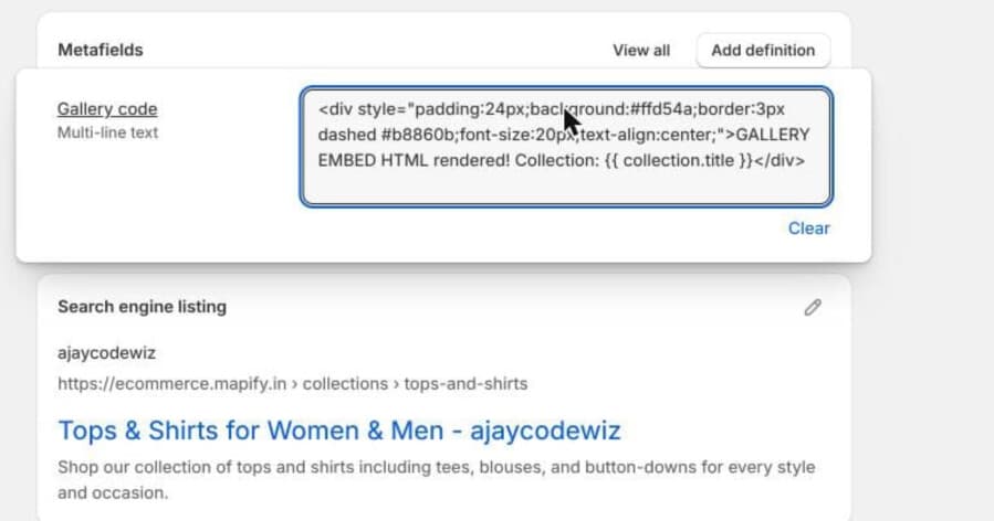 A multi-line text metafield holding an HTML embed with a Liquid tag inside it