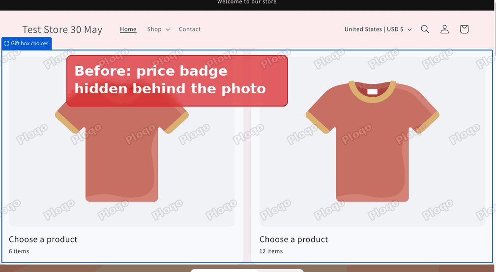 Before: the price badge is hidden behind the photo on both cards