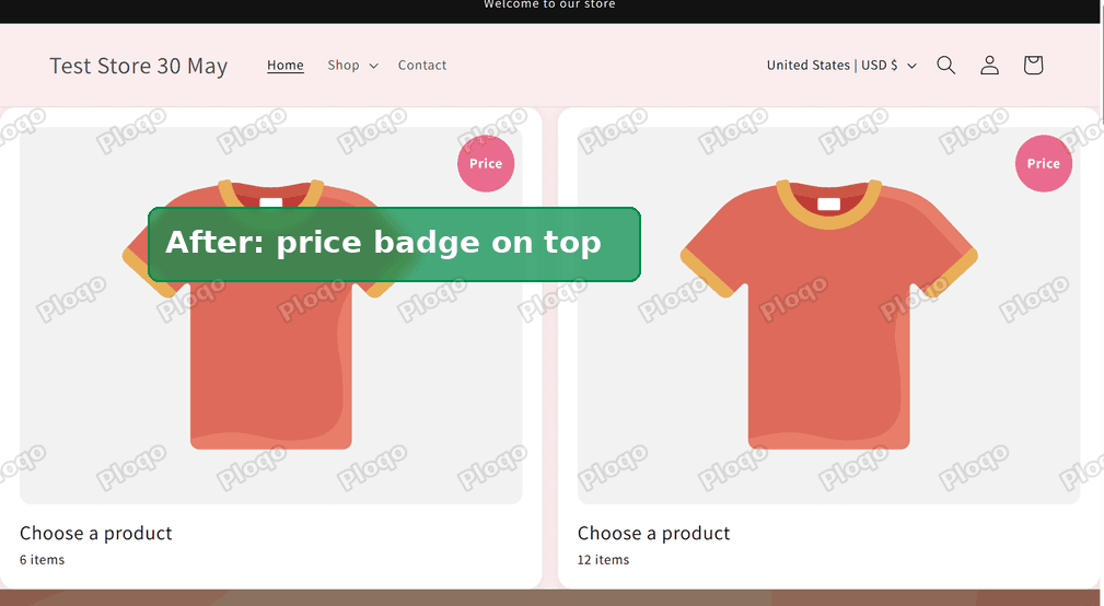 After: the price badge sits on top of the photo on both cards