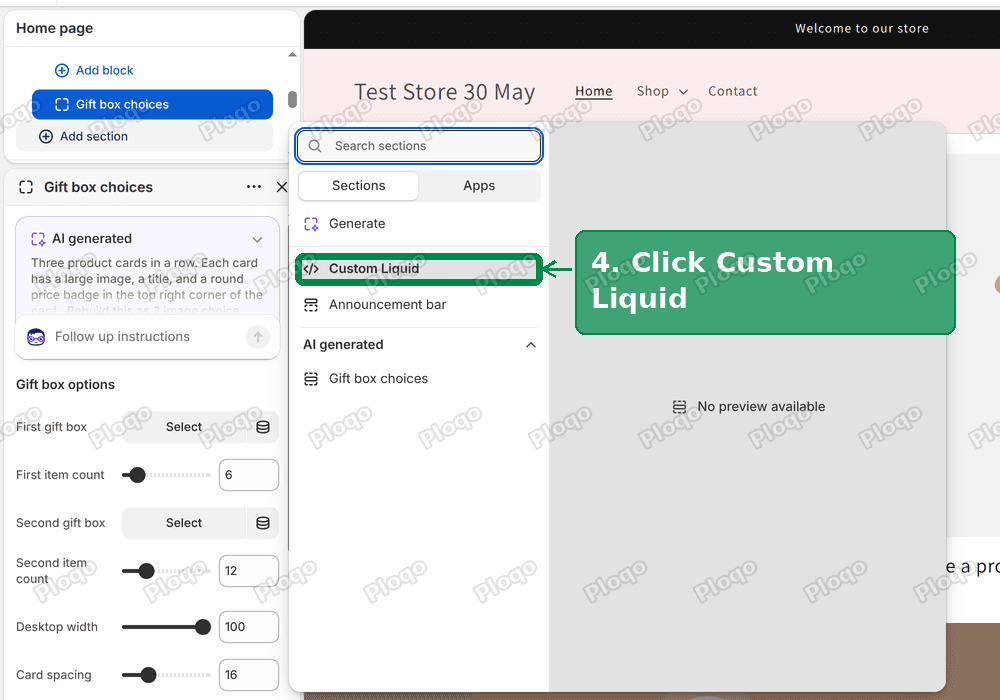 Click Custom Liquid in the section list