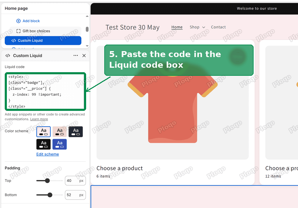 Paste the code in the Liquid code box