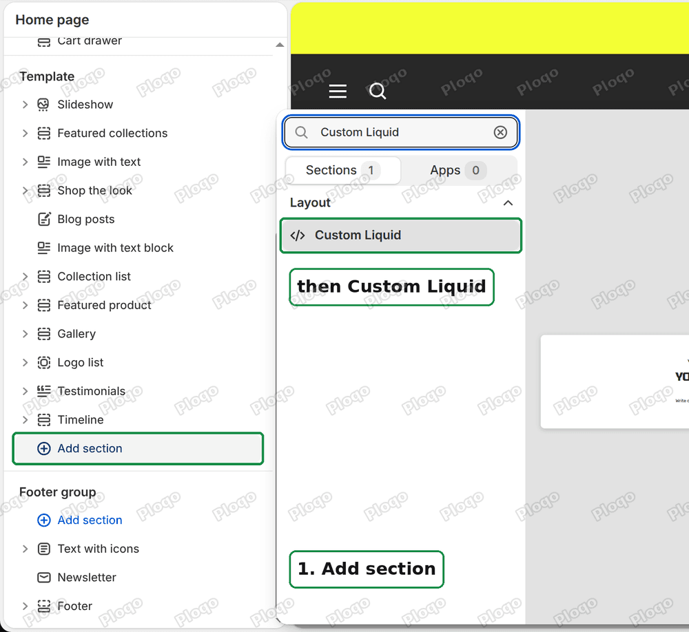 The Focal theme editor with Add section clicked and Custom Liquid shown in the search results
