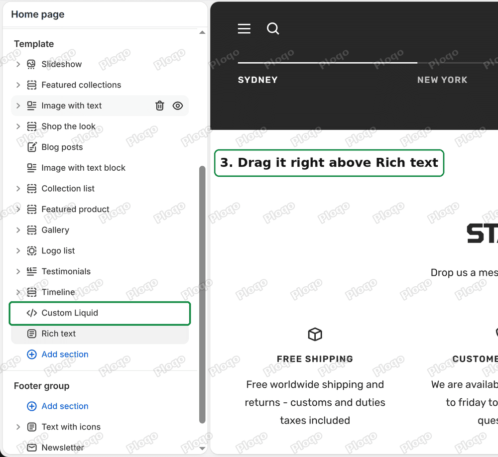 The section list with Custom Liquid placed directly above the Rich text section