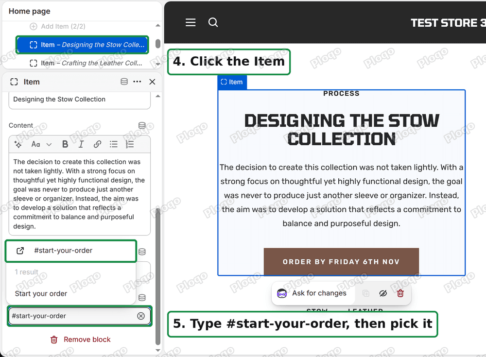 The Button link box with the anchor link typed in and chosen from the list