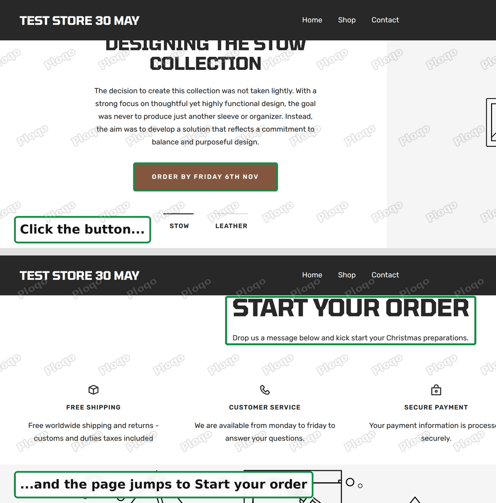 Top: the Order by Friday button on the page. Bottom: the page after the click, scrolled to the Start your order section