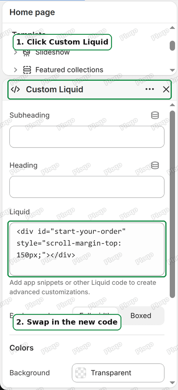 The Custom Liquid section in the editor with the new line of code in the Liquid box