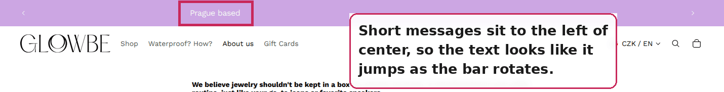 Announcement bar text sitting to the left of center on the Fabric theme