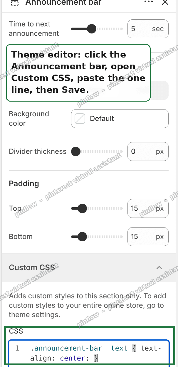 The Fabric Announcement bar Custom CSS field with the one-line fix pasted in