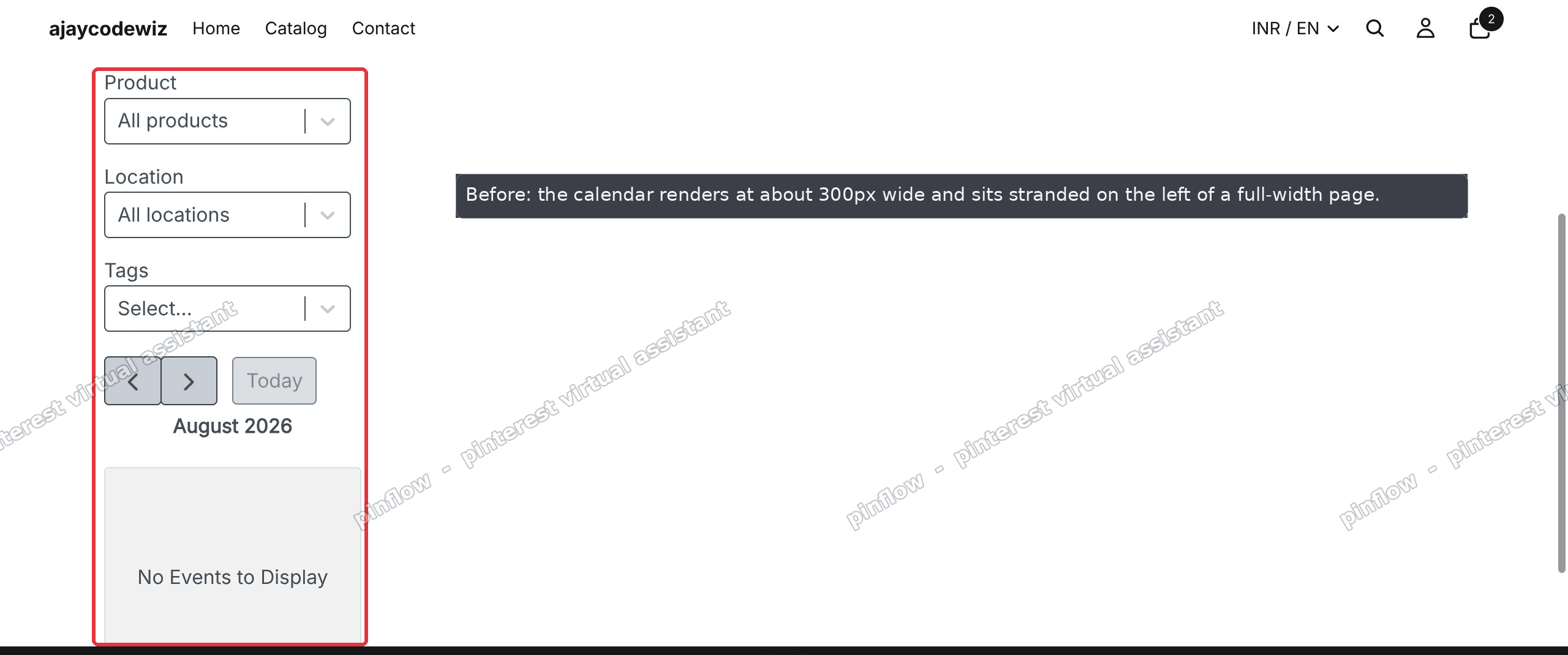 Before: a BTA booking calendar app block rendering at about 300px wide, stranded on the left of a full-width Shopify Horizon page