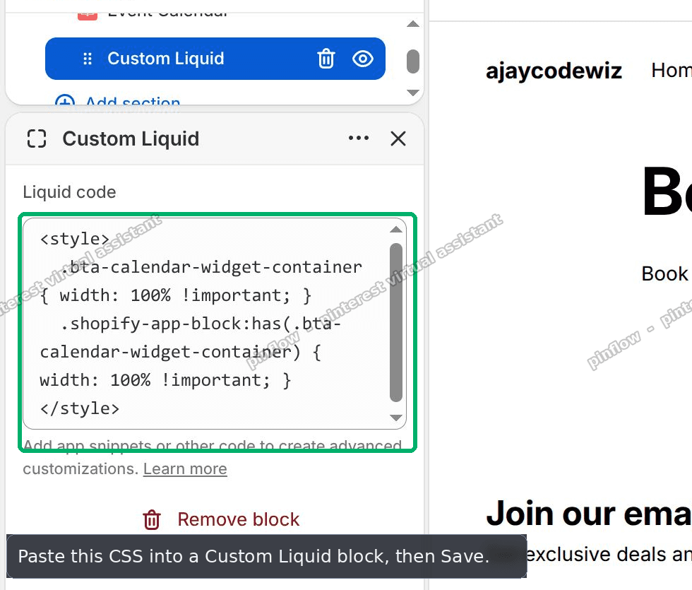 The Shopify Horizon theme editor with a Custom Liquid block added and the width CSS pasted into the Liquid code box