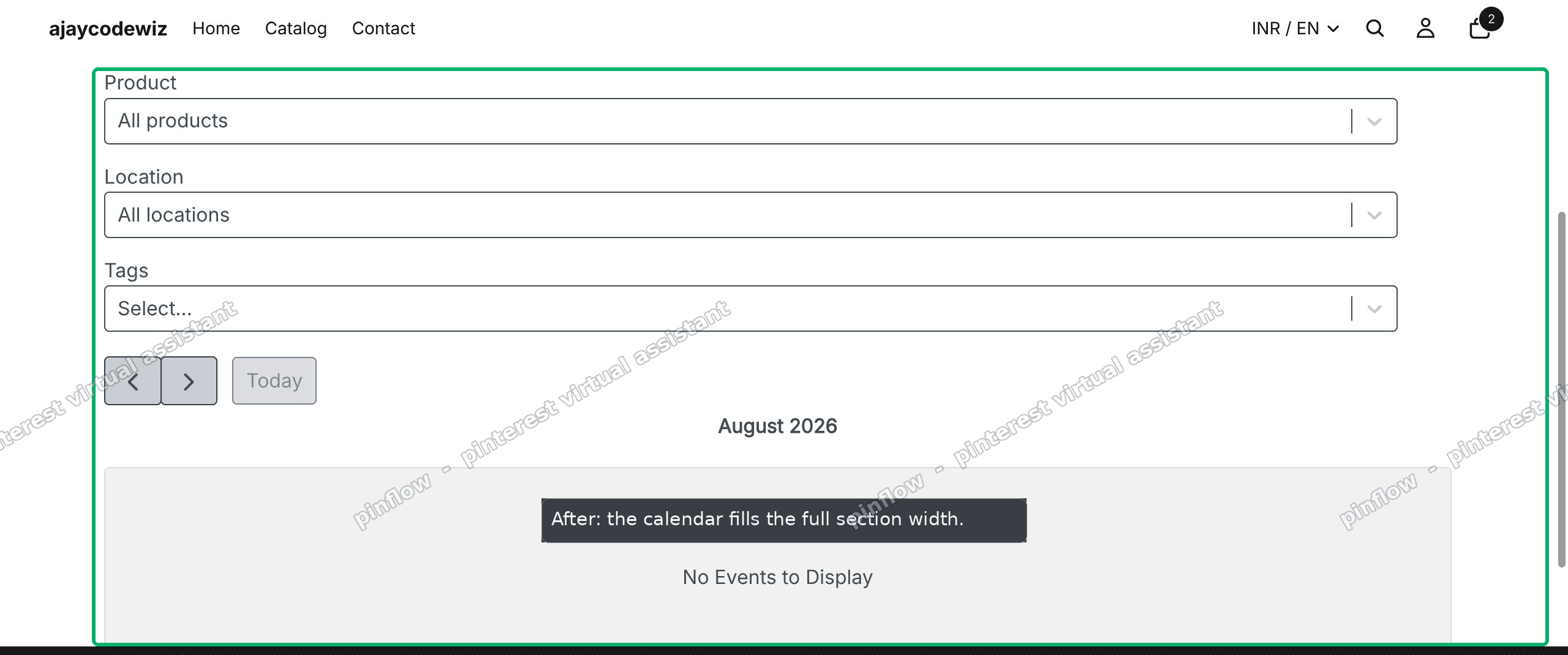 After: the BTA booking calendar now fills the full width of the section on the Shopify Horizon page