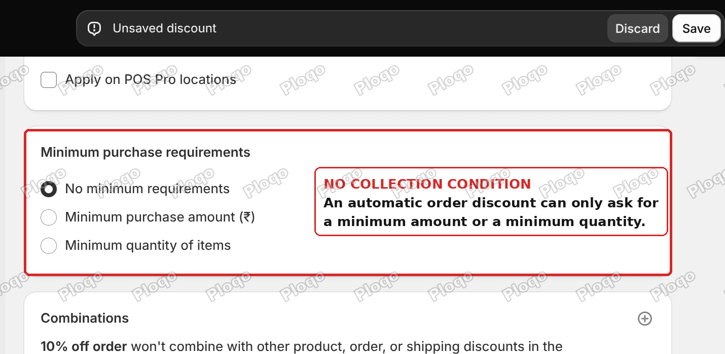 Shopify automatic order discount showing only minimum amount and minimum quantity conditions