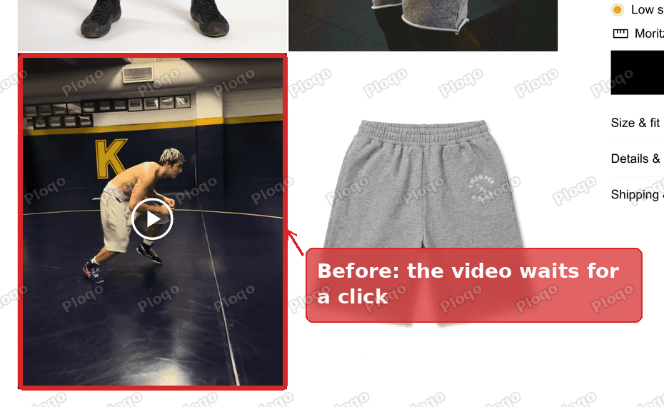 Product page before the fix: the video is a still picture with a play button