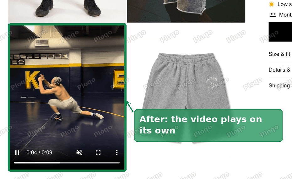 Product page after the fix: the video plays by itself, muted
