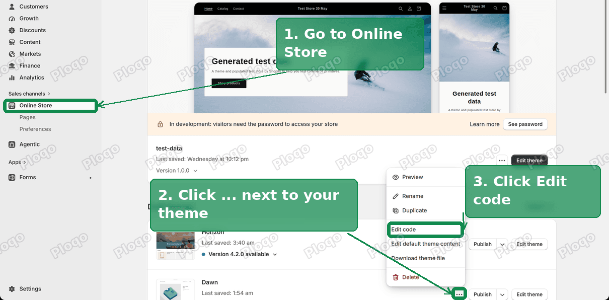 Online Store, the three dots menu next to a theme, and Edit code