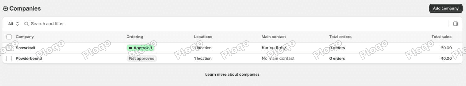 The Companies list in the Shopify admin, showing approval status for each business