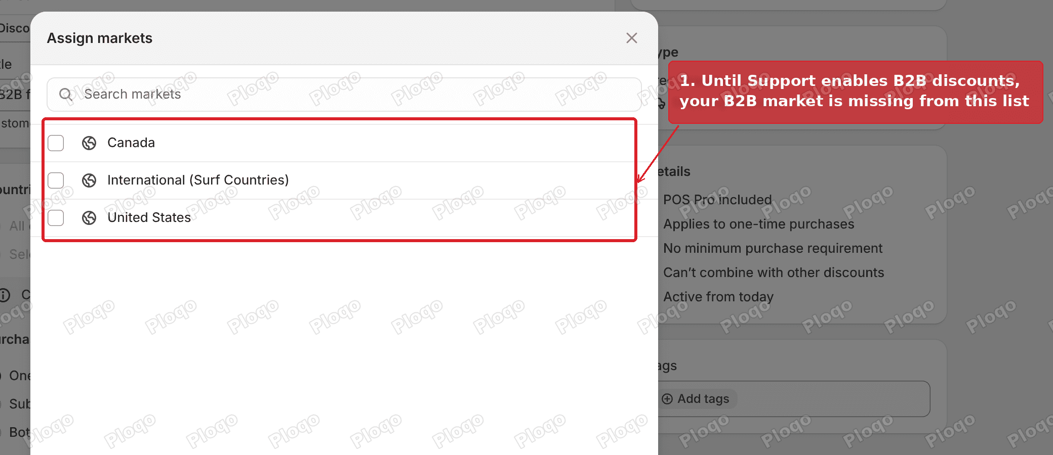 Assign markets list on a Shopify discount showing only country markets and no B2B market