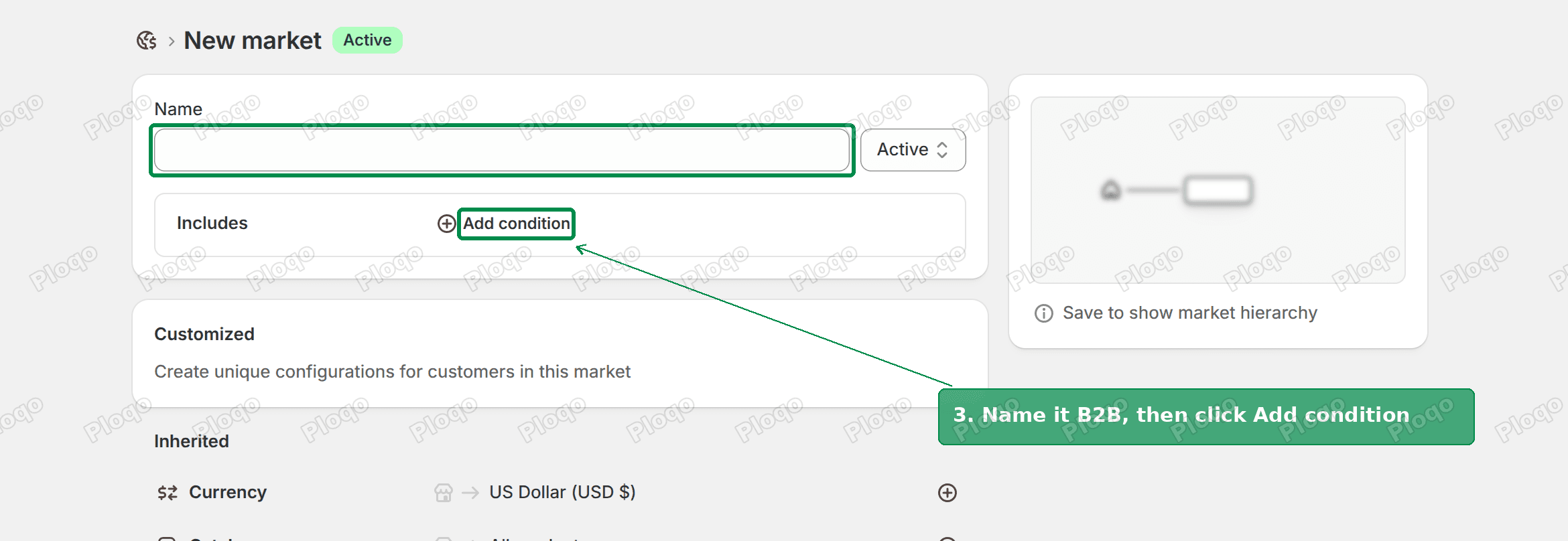 New market form with the name field and Add condition highlighted