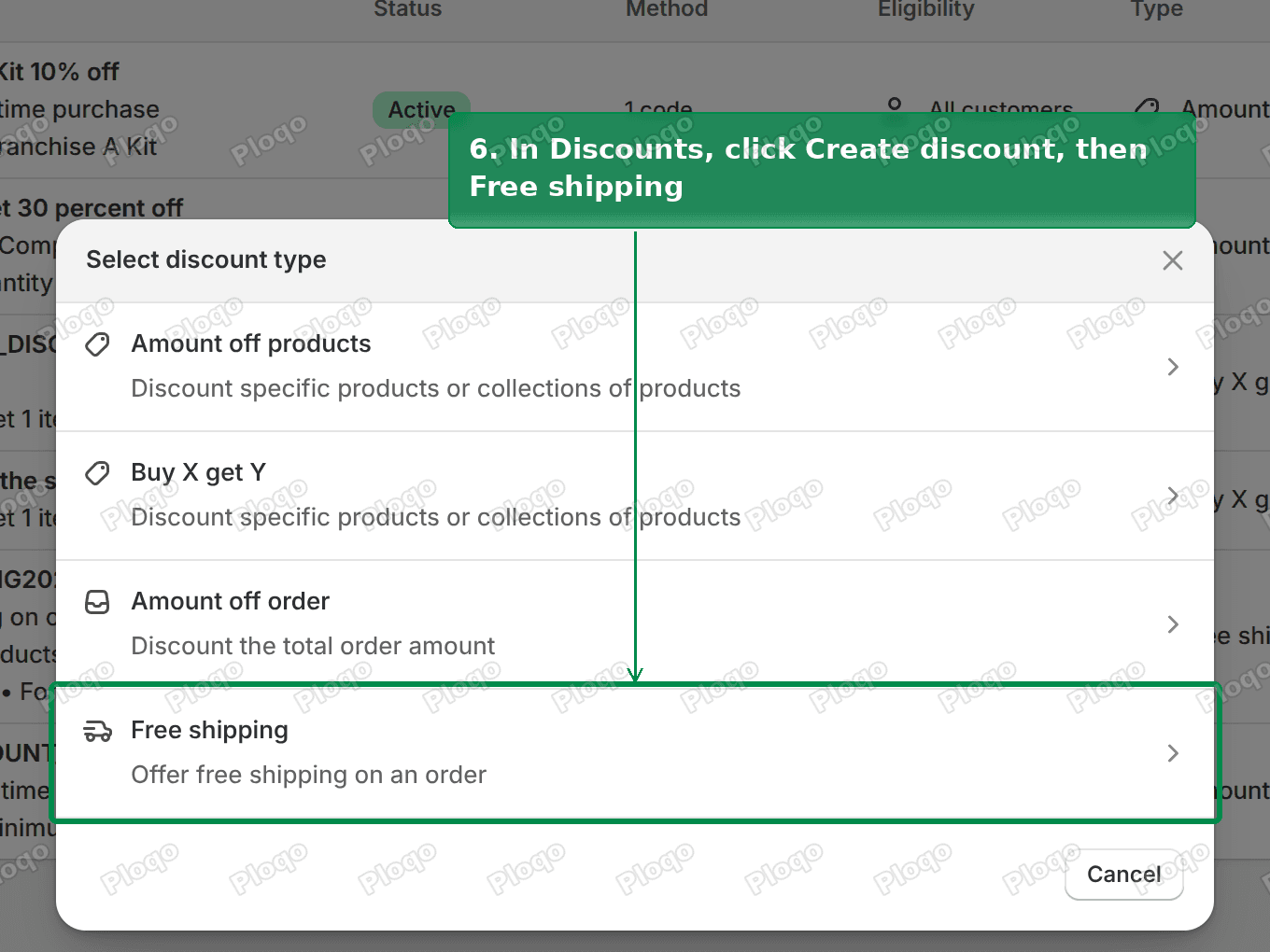 Select discount type window with Free shipping highlighted