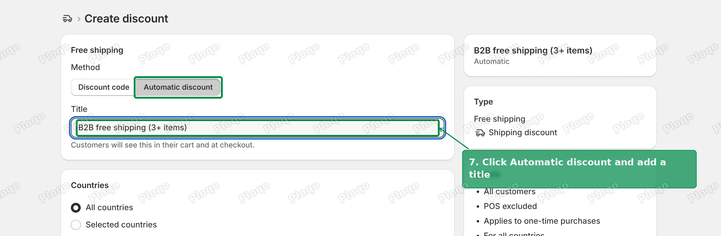 Free shipping discount form with Automatic discount and the Title field highlighted