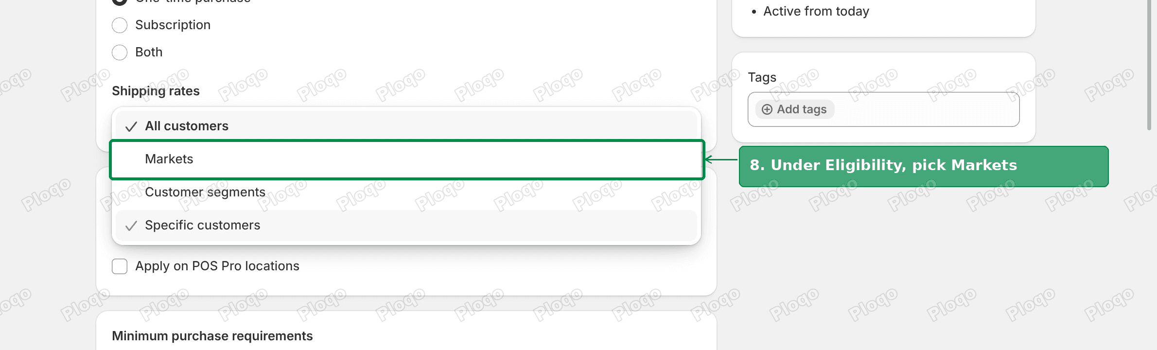 Eligibility dropdown open on a Shopify discount with Markets highlighted