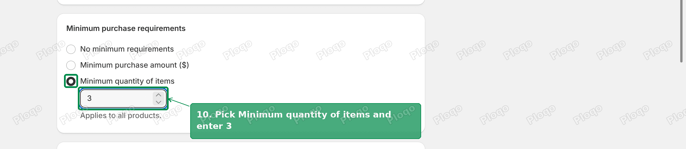 Minimum purchase requirements set to minimum quantity of items with 3 entered