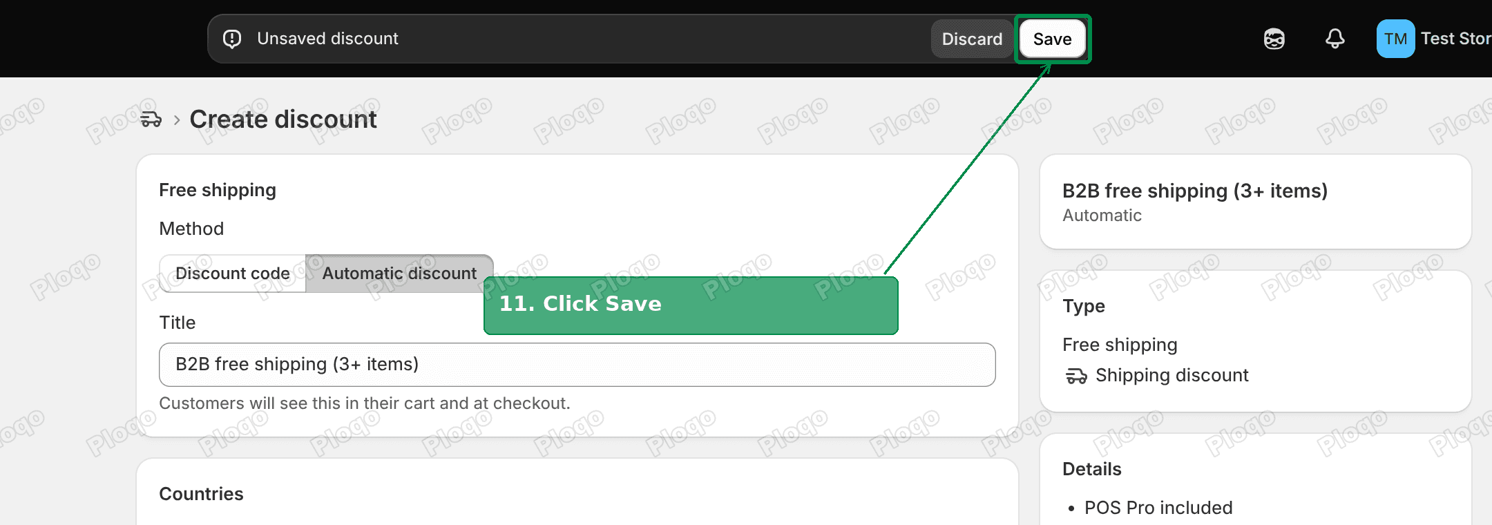 Unsaved discount bar with the Save button highlighted