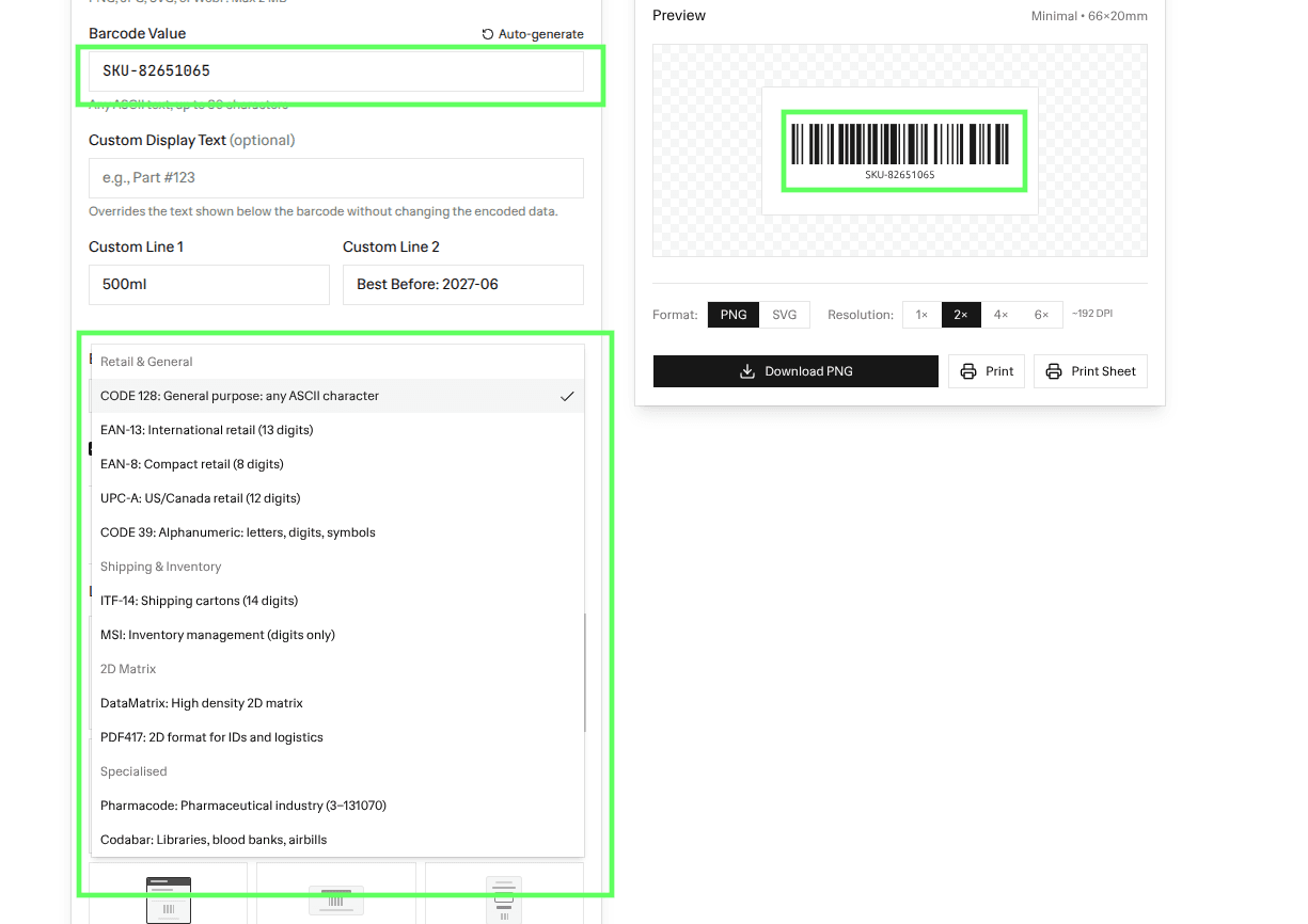 The barcode generator: enter the value, choose the symbology, get a downloadable image