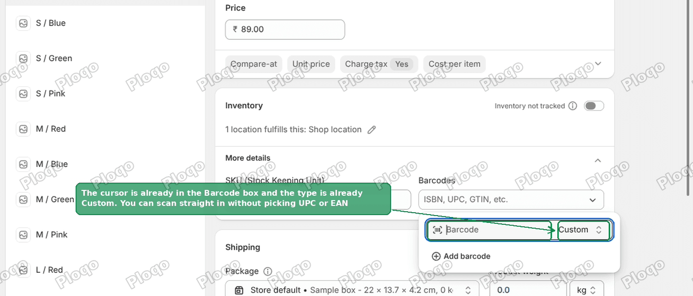 The Shopify variant screen with the Barcodes box open, cursor in the field and the type already set to Custom