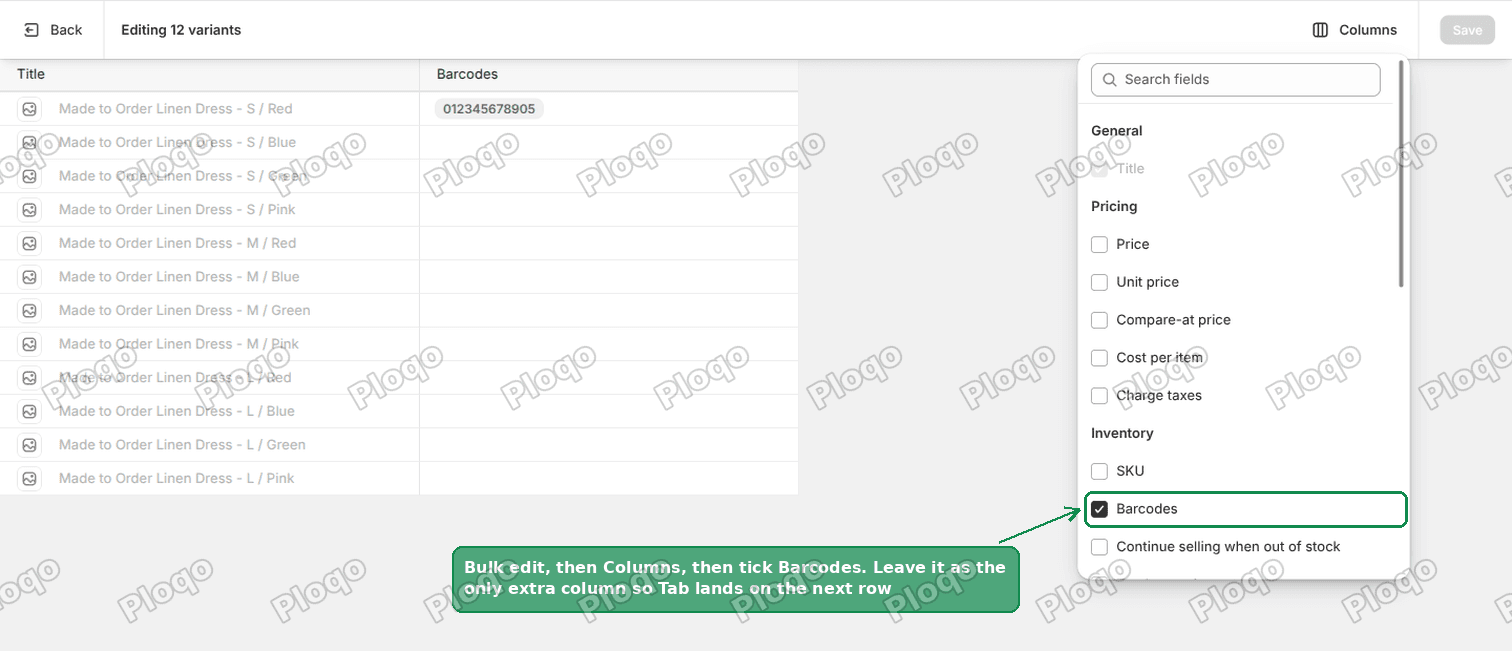 The Shopify bulk editor Columns picker with Barcodes ticked