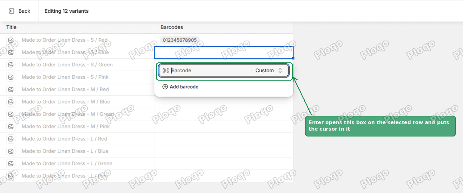 The Barcodes cell in the Shopify bulk editor, open as a small popup with the cursor in the field