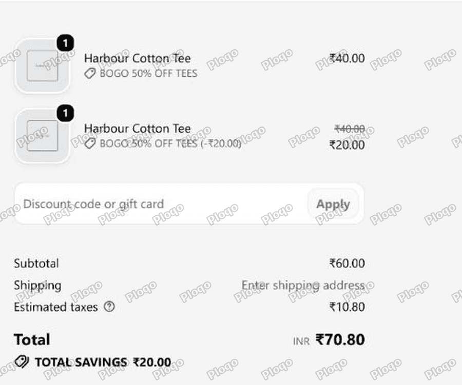 Shopify checkout showing the cotton tee twice, once at 40.00 labelled BOGO 50% OFF TEES and once reduced from 40.00 to 20.00, with a subtotal of 60.00 and total savings of 20.00