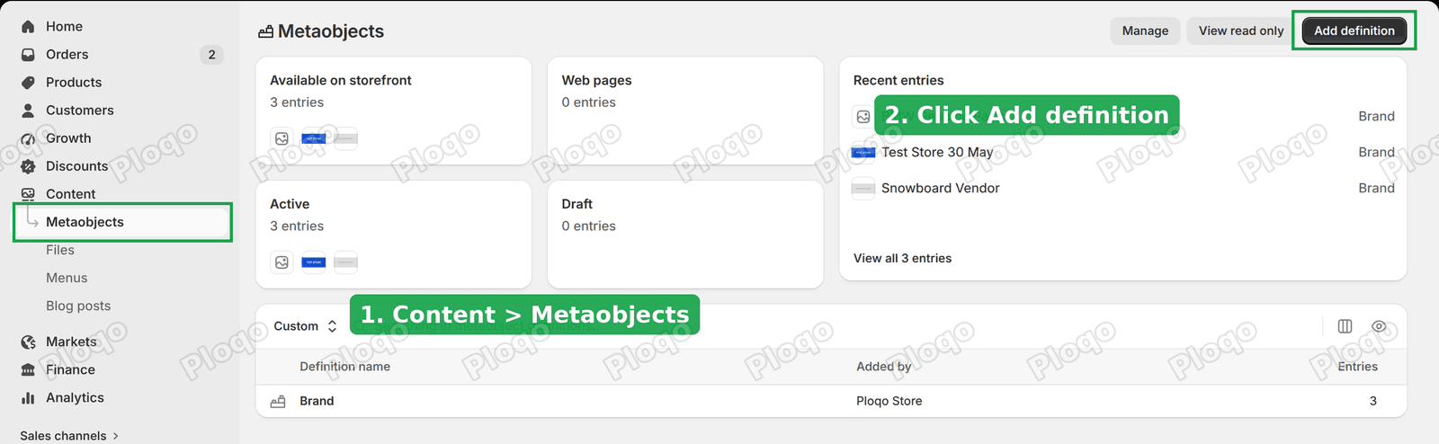 Shopify Metaobjects page with the Add definition button highlighted