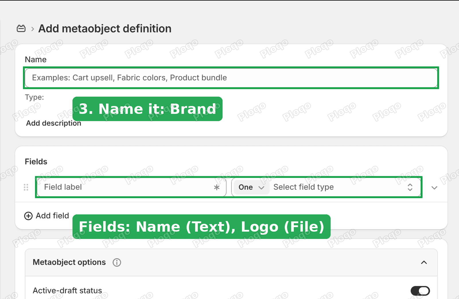 The Add metaobject definition screen with the name and fields to fill in