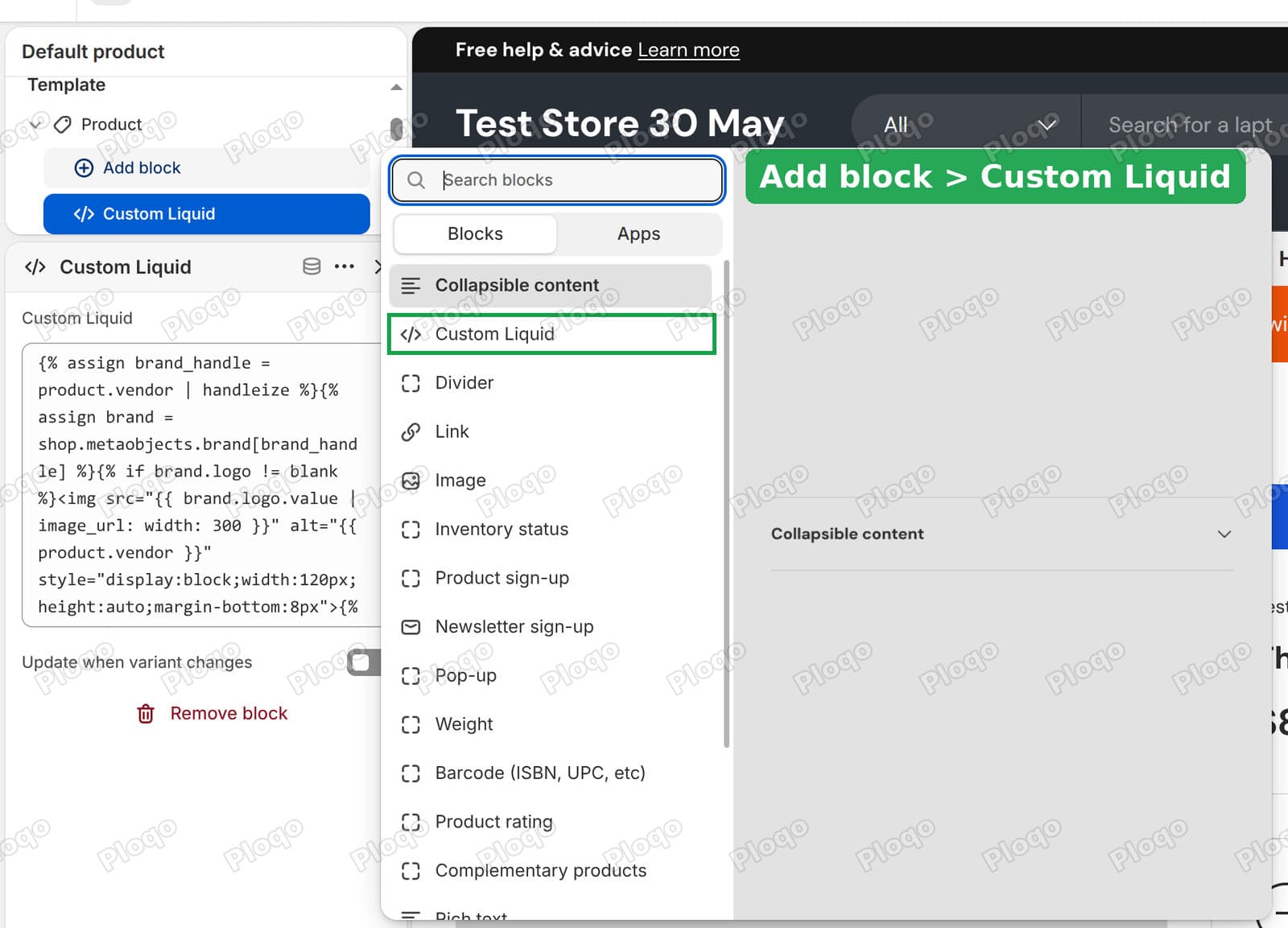 The Add block list in the Enterprise theme editor with Custom Liquid highlighted