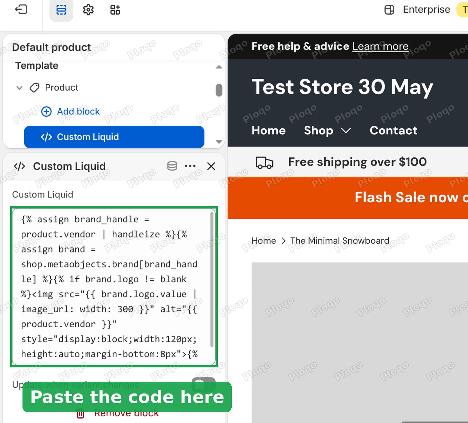 The Custom Liquid box in the theme editor with the code pasted in