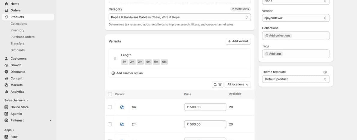 The product's variants in the admin