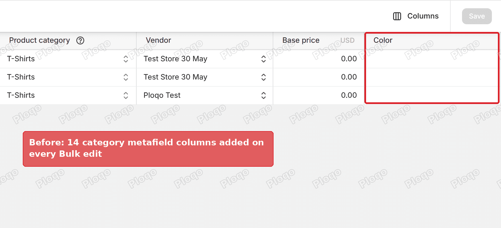 Shopify bulk editor with category metafield columns added automatically